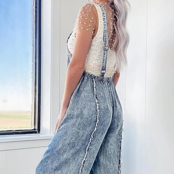 Frayed Wide Leg Adjustable Strap Overalls - Picture 2 of 3